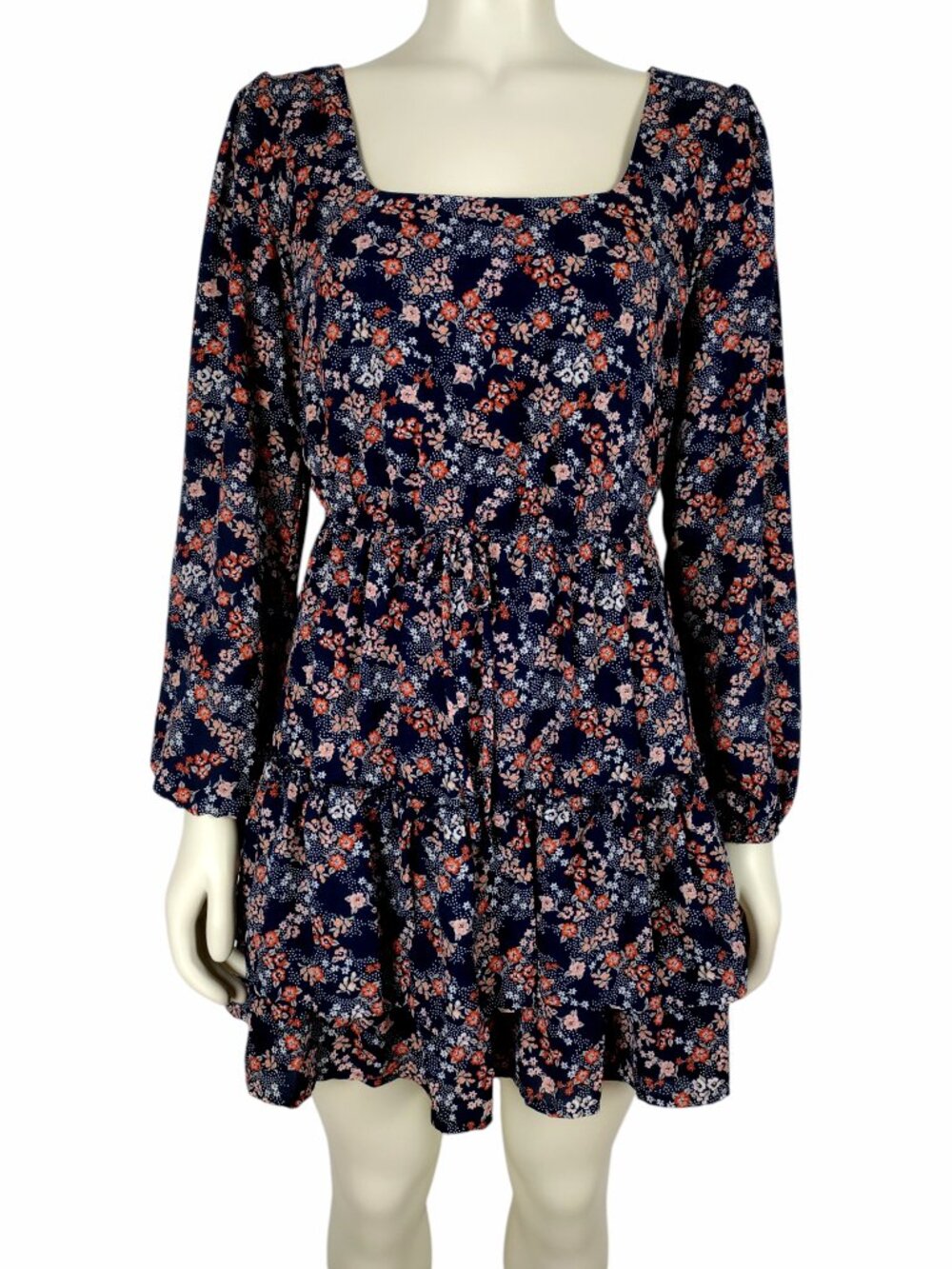 City Triangles Blue Floral Long Sleeve Square Neck Fit and Flare Mini Dress